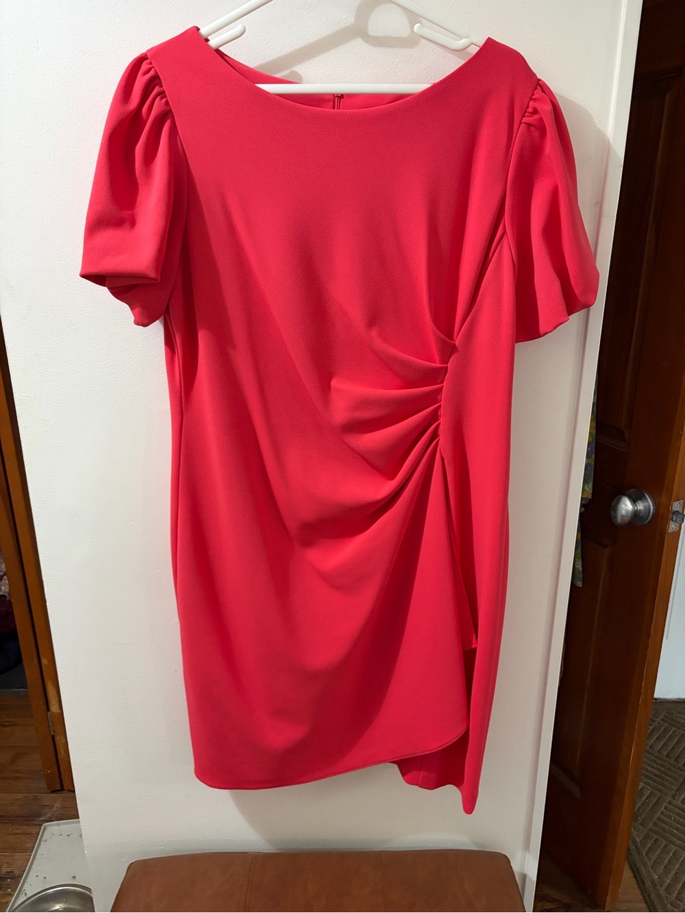 Andrew Marc Coral-Red Ruched Short Sleeve Tunic